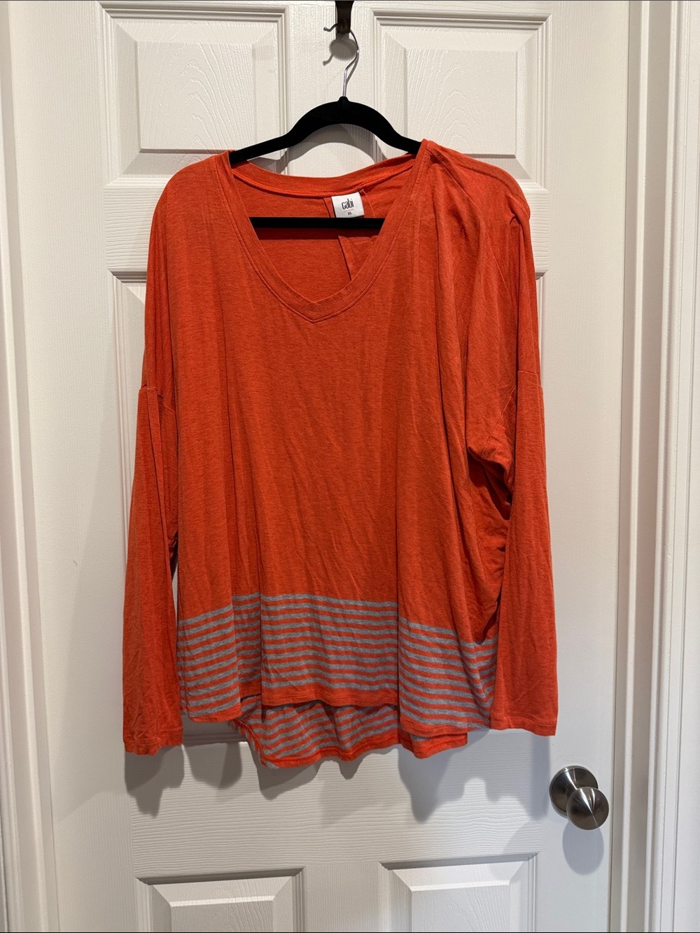 CAbi Orange V-Neck Long Sleeve Top with Gray Stripe Hem